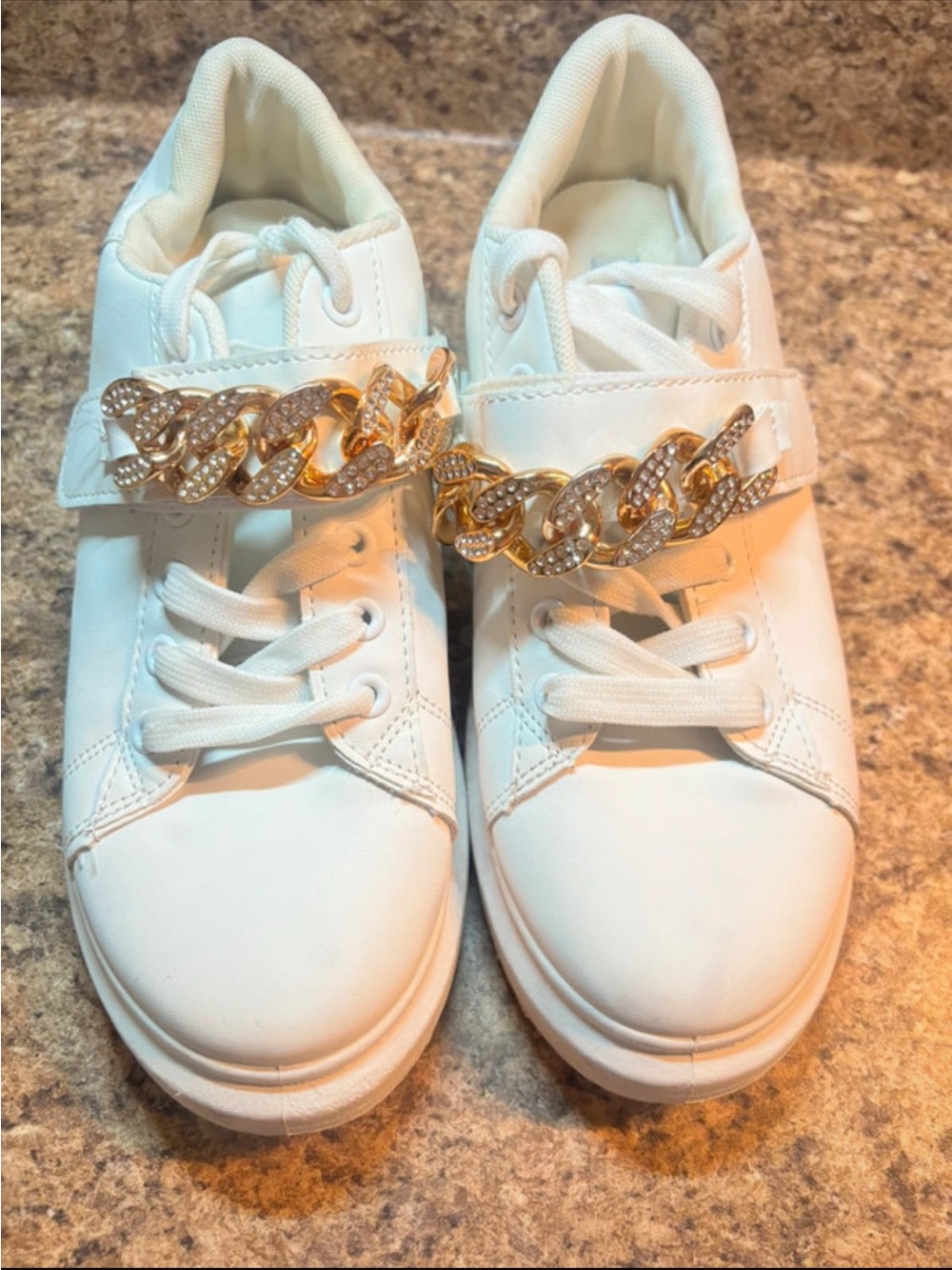Cape Robbin White Platform Sneakers with Crystal Gold Chain Detail